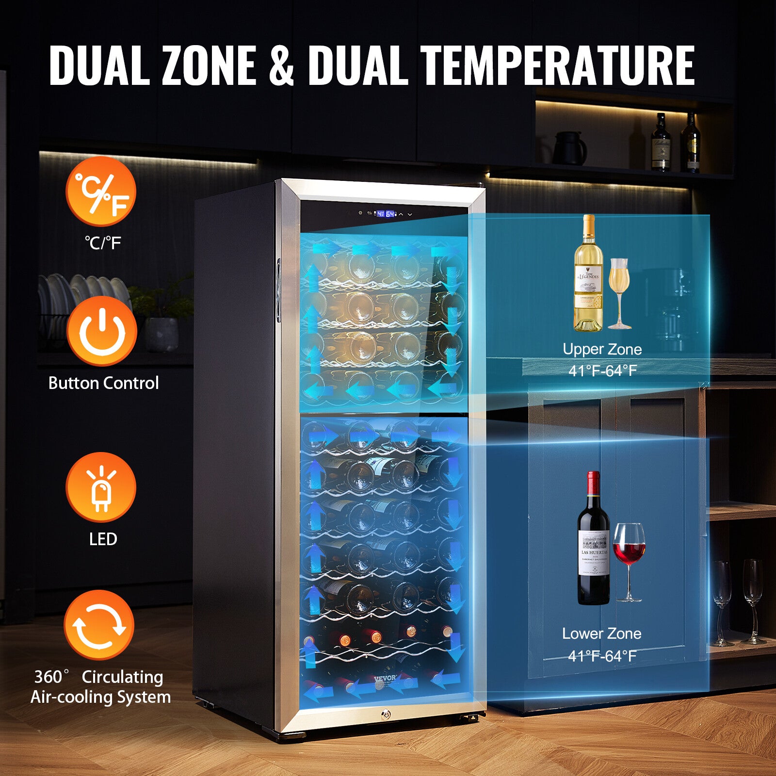 Nevera de Vino. Bodega. VEVOR Enfriador De Vino Frigorífico Independiente 80 Botellas Doble Zona LED Digital