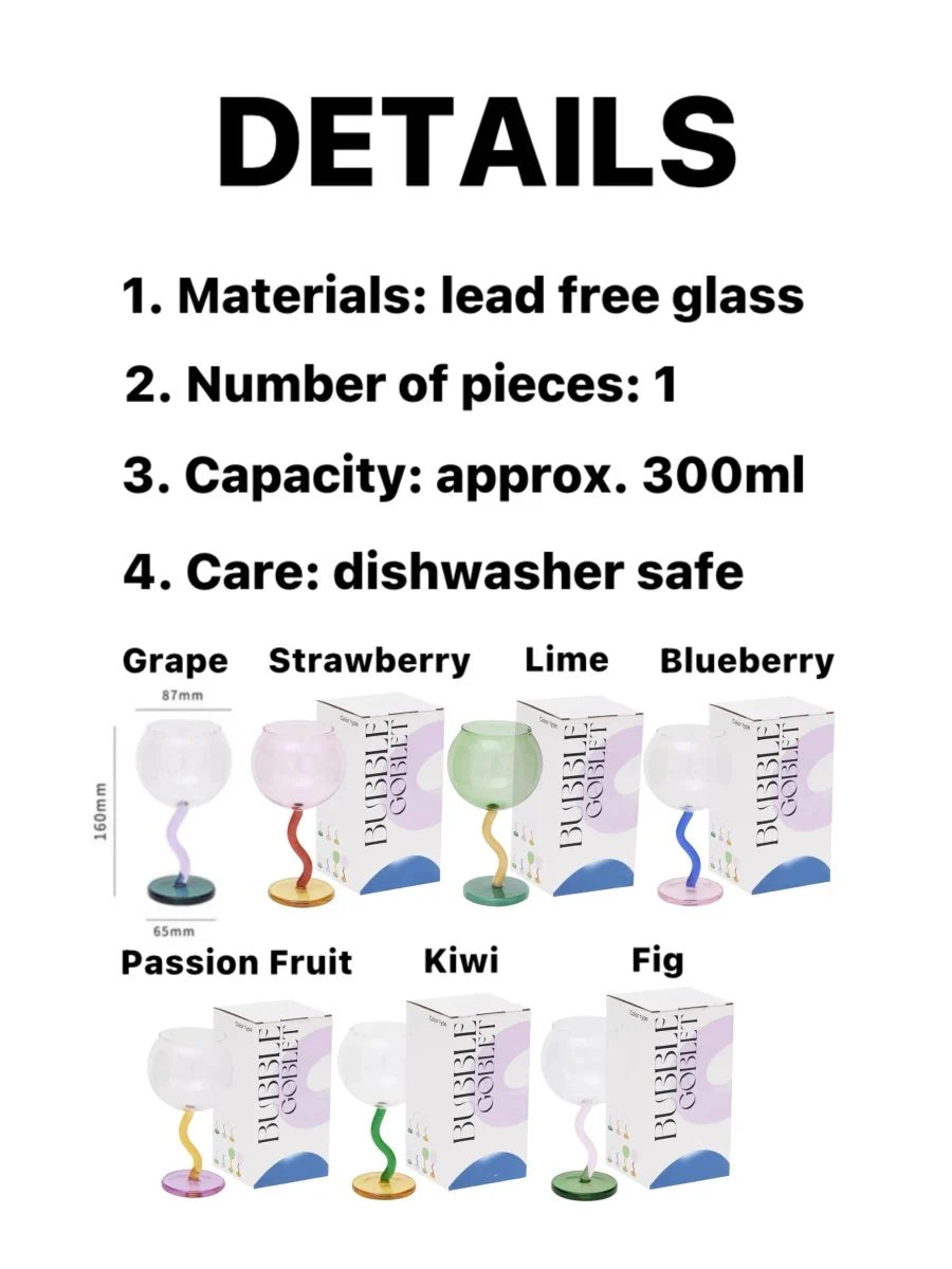 Handblown Bubble Wine Glass - Retro Whimsical Eclectic Wavy Stemmed Goblets